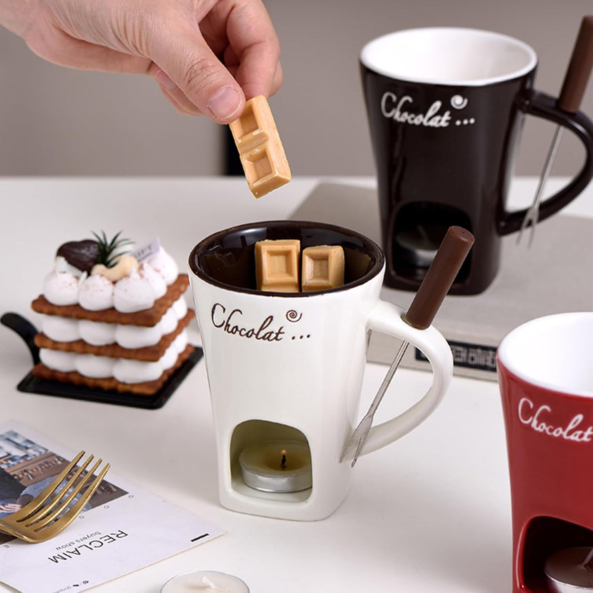 Chocolate Fondue Mug Set with Fork – Ceramic Melting Cup for Chocolate, Cheese, Butter – Romantic Gift for Date Night, Birthday, Wedding (White)