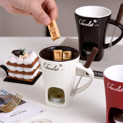 Chocolate Fondue Mug Set with Fork – Ceramic Melting Cup for Chocolate, Cheese, Butter – Romantic Gift for Date Night, Birthday, Wedding (White)