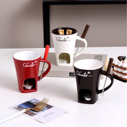 Chocolate Fondue Mug Set with Fork – Ceramic Melting Cup for Chocolate, Cheese, Butter – Romantic Gift for Date Night, Birthday, Wedding (White)