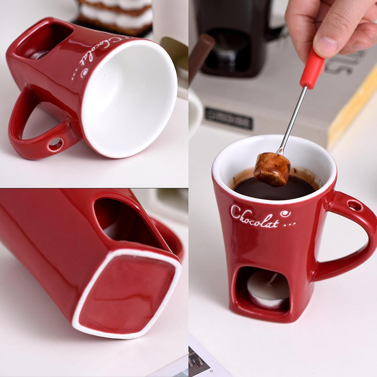Chocolate Fondue Mug Set with Fork – Ceramic Melting Cup for Chocolate, Cheese, Butter – Romantic Gift for Date Night, Birthday, Wedding (White)