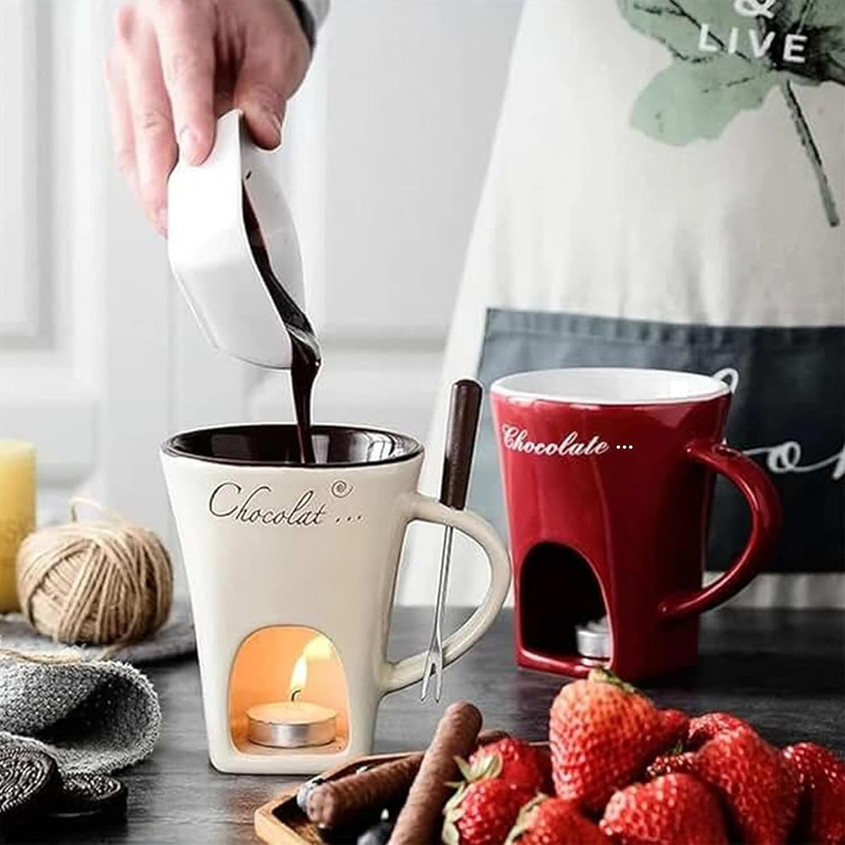 Chocolate Fondue Mug Set with Fork – Ceramic Melting Cup for Chocolate, Cheese, Butter – Romantic Gift for Date Night, Birthday, Wedding (White)