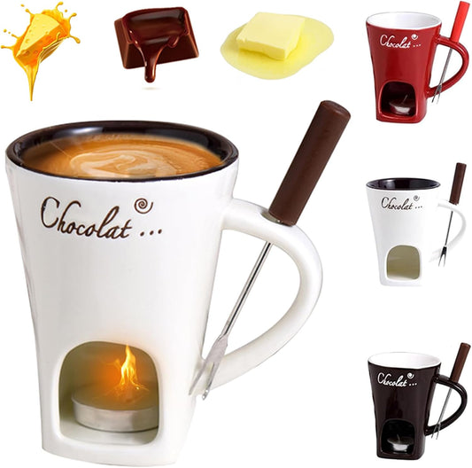 Chocolate Fondue Mug Set with Fork – Ceramic Melting Cup for Chocolate, Cheese, Butter – Romantic Gift for Date Night, Birthday, Wedding (White)