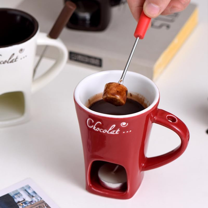 Chocolate Fondue Mug Set with Fork – Ceramic Melting Cup for Chocolate, Cheese, Butter – Romantic Gift for Date Night, Birthday, Wedding (White)