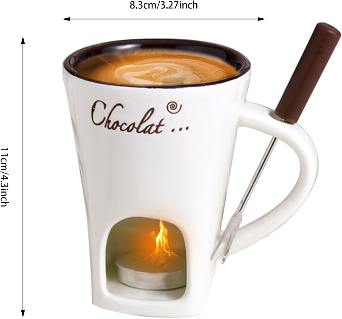 Chocolate Fondue Mug Set with Fork – Ceramic Melting Cup for Chocolate, Cheese, Butter – Romantic Gift for Date Night, Birthday, Wedding (White)