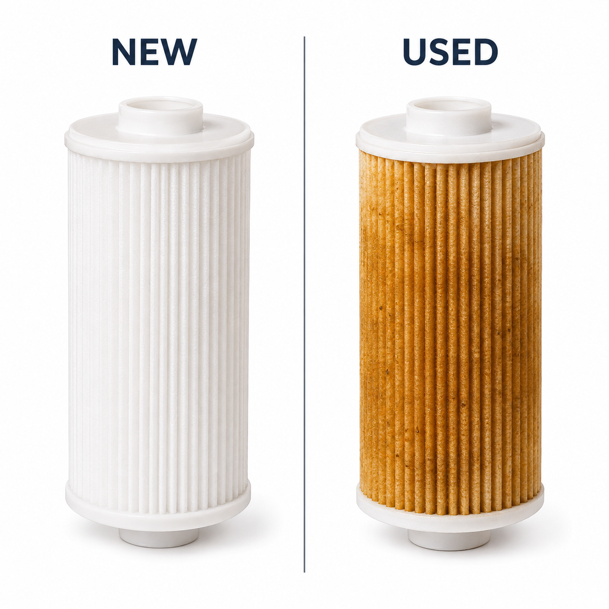 A side-by-side comparison of a replacement water filter cartridge, labeled 'NEW' on the left in white and 'USED' on the right in an orange-brown, dirty condition, against a plain white background.
