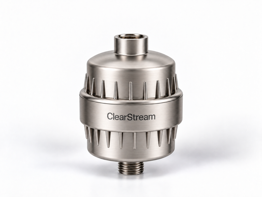 ClearStream 2.0 shower filter in Brushed Nickel, individual product photo on a white background